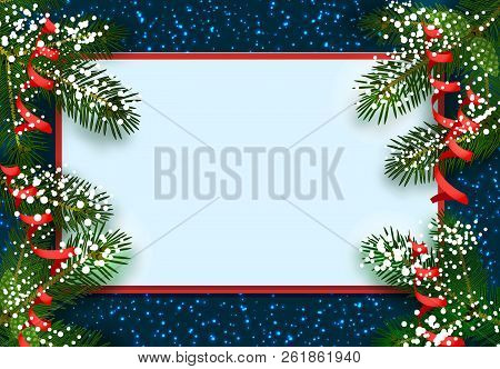 New Year. Christmas. Postcard, Card. Green Spruce Branches In The Snow From Two Sides. Place For Adv