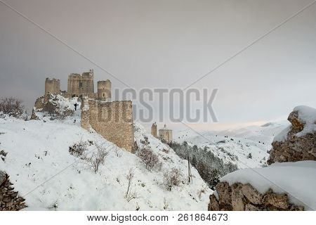 The Imposing Snowy Castle Of Rocca Calascio In The Ancient Lands Of Abruzzo