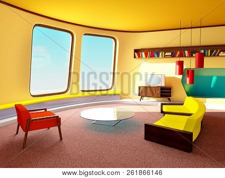 Living Room In Retrofuturism Style. 3d Illustration.