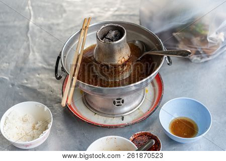Braised Beef Clear With Meat Tendon Soup Stew (ekaehla Meat) With Vegetable In Hot Pot For Sale At T