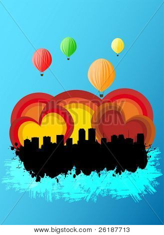 grunge city with colorful ballons
