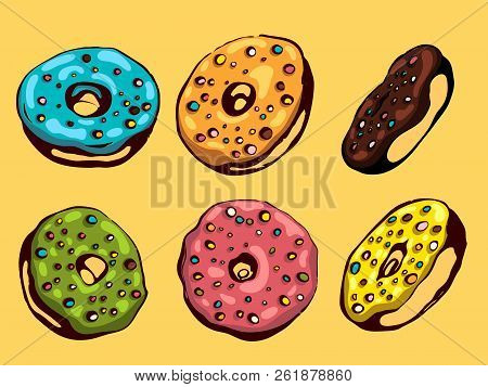 Hand Drawn Vector Donuts Set. Glazed And Colored Donuts In Several Foreshortening.