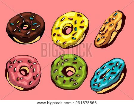 Hand Drawn Vector Donuts Set. Glazed And Colored Donuts In Several Foreshortening.