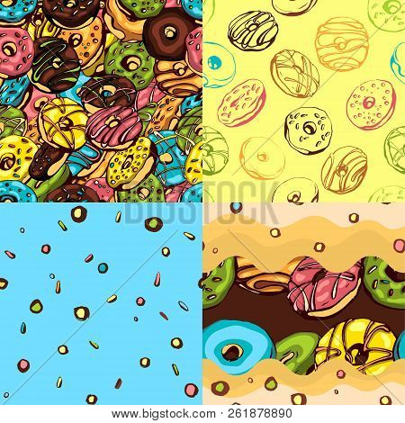 Four Seamless Donut Patterns. Vector Hand Drawned With Bright Colors. Sweet And Glazed.