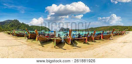 Panorama Of Traditional Thai Longtail Boat At Log Dalum Beach On Phi Phi Don Island, Thailand In A S