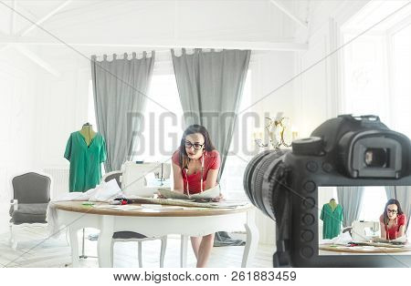 Young Fashion Blogger Desighner Recording Video About Dress For New Vlog
