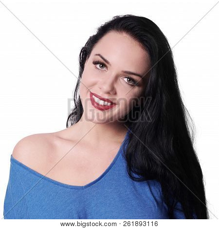 Happy Smiling Attractive Young Woman Wearing Off-the-shoulder Top, Isolated On White