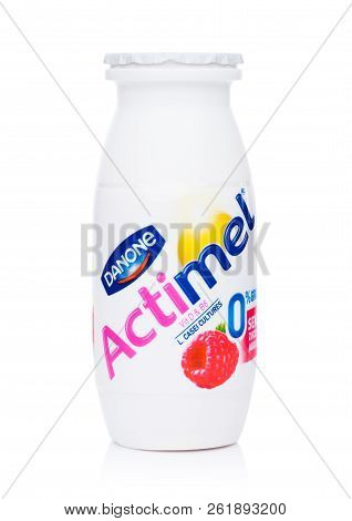 London, Uk - October 05, 2018: Plastic Bottle Of Actimel Probiotic Yogurt Type Drink With Raspberry 