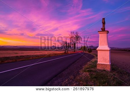 Small Chapel At Sunset. Sunset In Central Bohemian Upland, Czech Republic.