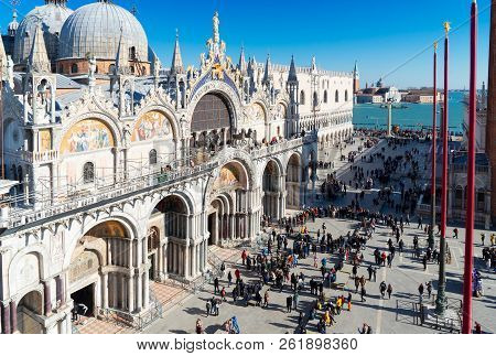 Cathedral Church And Square Of San Marco, View From Above, Venice, Italy