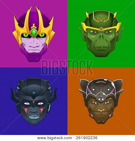Set Vector Illustration Of Alien Character Head