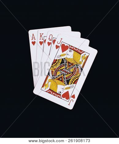 Poker Hearts Of J Q K A Playing Cards Isolated On Black