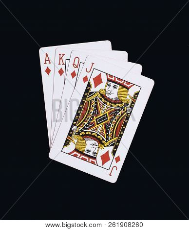 Poker Diamonds Of J Q K A Playing Cards Isolated On Black Background