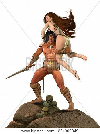 A Barbarian Fantasy Warrior Or Warlord Fights With His Sword For A Beautiful Princess, 3d Render Pai