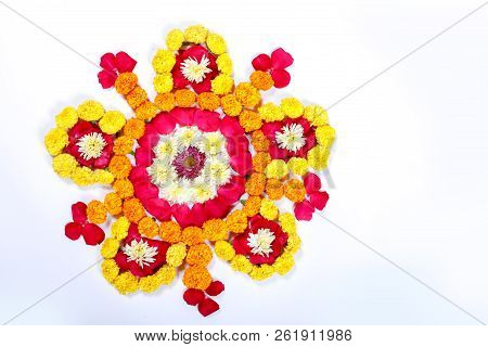 Marigold Flower Rangoli Design For Diwali Festival , Indian Festival Flower Decoration