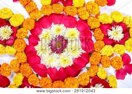 Marigold Flower Rangoli Design For Diwali Festival , Indian Festival Flower Decoration