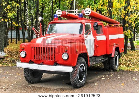Ufa, Russia - September 29, 2018: Retro Fire Truck Gaz 53 In The City Street.