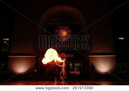Man Breathing Fire In A Show At Port Grand, Karachi, Pakistan 02/02/2014