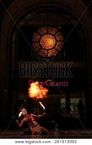 Man Breathing Fire In A Show At Port Grand, Karachi, Pakistan 02/02/2014