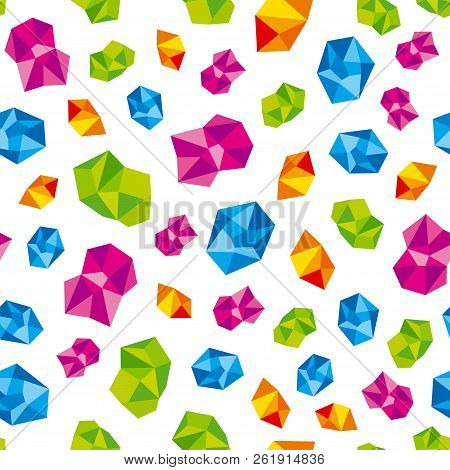 Colorful Precious Gems, Jewels. Vector Seamless Pattern Background On White Background.