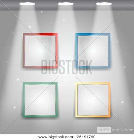 Galleria interni con cornici colorate vuoti sulla parete - EPS10 Vector Design
