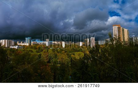 Panorama Residential Disctrict Of Moscow At Autumn With Dark Beautiful Rainy Clouds In The Blue Sky,