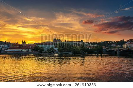Prague Castle, Vltava River And The Old Town Of Prague At Sunset