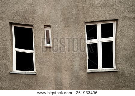 Distorted Window With White Frame On Grey Old Wall Extorior Architecture Background
