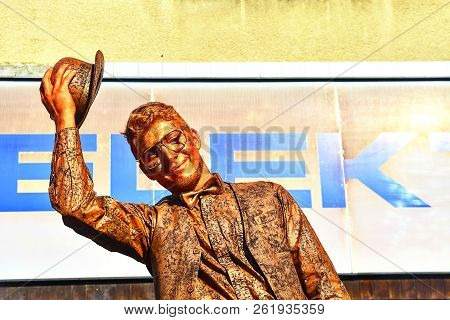 Hustopece, Czech Republic - October 7, 2018: Cupreous Painted Artist Like Living Statue Dressed Like