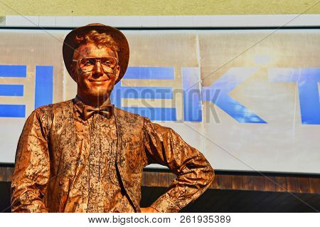 Hustopece, Czech Republic - October 7, 2018: Cupreous Painted Artist Like Living Statue Dressed Like
