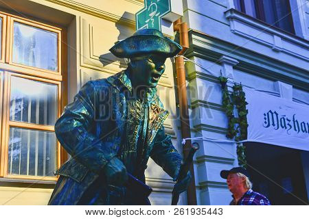 Hustopece, Czech Republic - October 7, 2018: Cupreous Painted Artist Like Living Statue Dressed Like