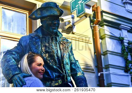 Hustopece, Czech Republic - October 7, 2018: Cupreous Painted Artist Like Living Statue Dressed Like