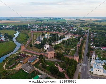Scenic Panoramic View Of Suzdal, Russia. St Euthymius Monastery At The Small River. Suzdal Is A Famo