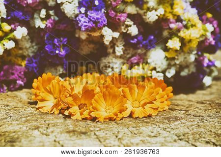 Bouquet Of Calendula (calendula Officinalis L.) On Beautiful Flowers Background  .processed In Nik C