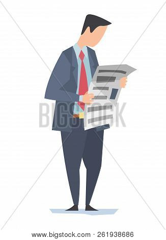 Serious Businessman Reading A Newspaper. Vector Illustration Of A Standing Office Clerk.