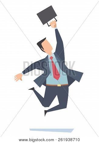 Businessman Jumping With Happiness. Vector Illustration Of A Cheerful Office Worker With A Briefcase