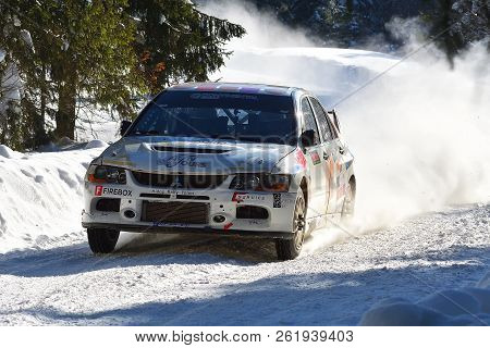 Covasna, Romania - January 14-15, 2017: Unknown Pilots Competing In Winter Rally Covasna 2017 On Jan