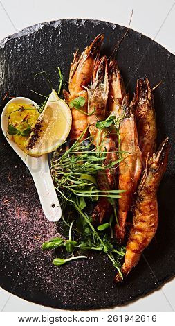 Grilled Shrimp Skewers. Seafood, Shelfish. Shrimps Prawns Skewers With Herbs, Garlic And Lemon.