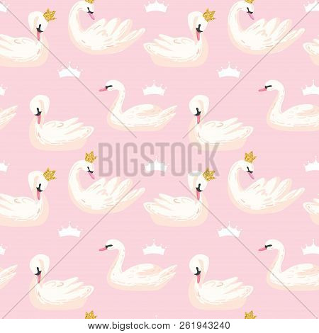 Beautiful Seamless Pattern With White Swans And Crowns, Use For Baby Background, Textile Prints, Cov