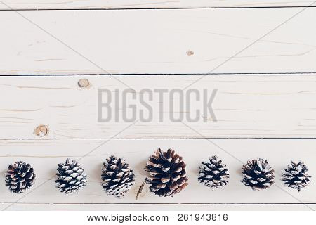 Pine Cones On Rusticwood White Background With Copy Space,