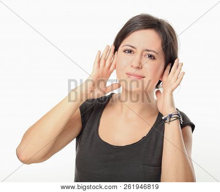 Young Brunette Woman Wearing In T-shirt Has Headache