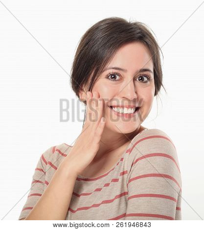 Satisfied Pretty Woman Holding Hand Her Face