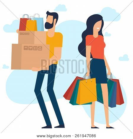 Yong Man And Woman At Shopping. Flat Desin Vector Concept. Ready For Animation Characters And Design