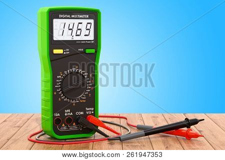 Digital Multimeter On The Wooden Table. 3d Rendering