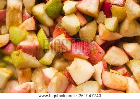 Apple And Pears Pieces, Sugar And Syrup In Pan, Ready For Boiling. Homemade Red Apple And Pears Jam,