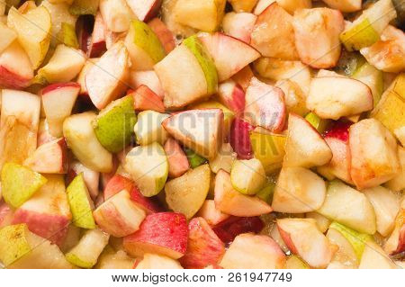 Ripe Apples And Pears Cooked In Sugar Syrup. Process Of Making Jam Marmalade At Home.