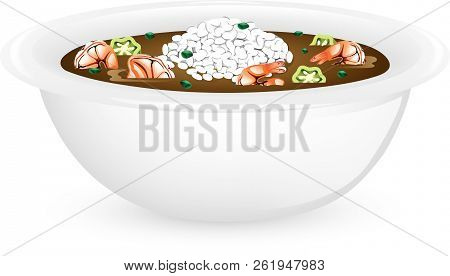 Illustration Of A Bowl Of Shrimp And Okra Gumbo With Rice.