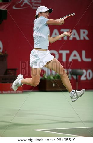 Belgiske tennis stjerne Justine Henin i aktion mod Alicia Molik på Qatar Total Open, Doha, Febr