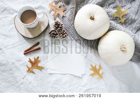 Autumn Breakfast In Bed Composition. Blank Cards Mockup. Cup Of Coffee, White Pumpkins, Sweater, Oak