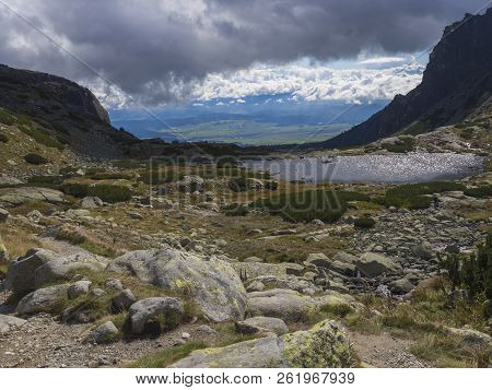 Valley Mlynska Dolina In Slovakia Mountains With View On Strbske Pleso Village And Mountain Lake Ple